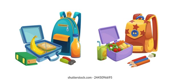 School backpack with lunchbox and supplies. Cartoon vector illustration set of education kit with student bag, food lunch plastic box with sandwich, vegetables and banana, juice, books and pencils.