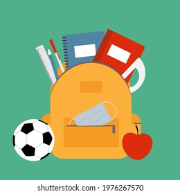 School backpack with medical mask and school items and elements. Template for banner, poster, flyer. Back to school