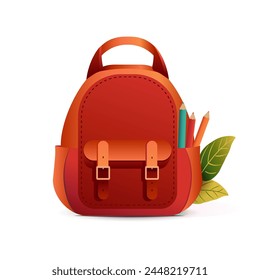 School backpack mockup. Back to school, schoolbag  with stationary frontal view. Hand drawn vector illustration isolated on background. Modern cartoon style