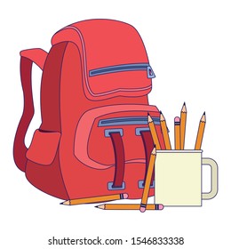 school backpack and mug with pencils over white background, vector illustration