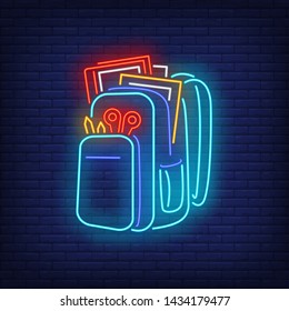 School backpack neon sign. School, pupil, stationery. Vector illustration in neon style for topics like studies, student life, education