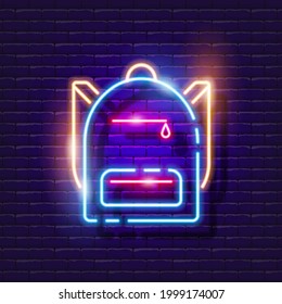 School backpack neon sign. Backpack for travel, tourism glowing icon. Vector illustration for design. The concept of school, tourism, travel, recreation.