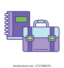 Mochila escolar y símbolo de ícono de cuaderno para Educación, campañas de regreso a la escuela y materiales de estudio. Ilustración vectorial de Material Escolar con Mochila y Cuaderno para Plataformas de Aprendizaje. Ilustración vectorial de cuaderno para Educación, estudiantes y diseño de aula.