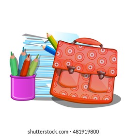 School backpack, notebooks and pencils isolated on white background. Vector illustration.