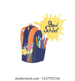 School backpack with notebooks and stationery. Back to school hand lettering.