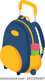 School backpack on wheels with retractable handle, water bottle in side pocket. Back to school and travel luggage vector illustration.