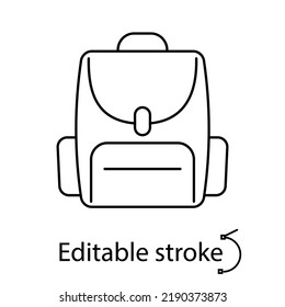 School backpack outline icon. Travel and hiking. Bag for students. Back to school concept. Education promotion. Customizable linear item. Editable stroke. Isolated vector stock illustration
