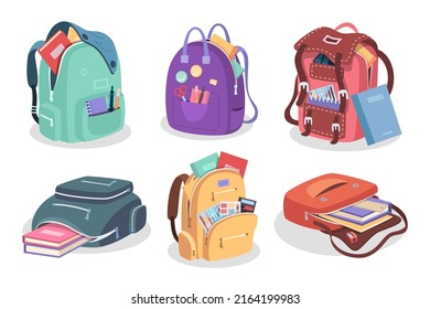 School backpack. Packages and containers for students and pupils supplies for education exact vector illustrations in cartoon style