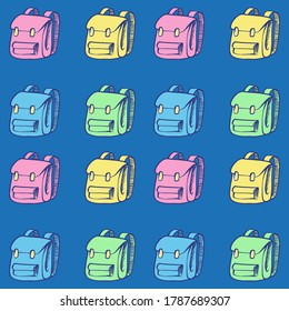 School backpack pattern in different colors. Stock vector illustration on a white background. For fabric, cover, background.