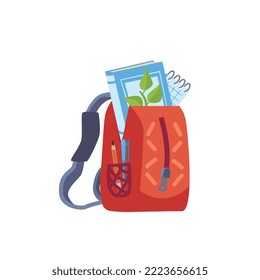 School backpack with pen, pencil, textbook and notepad inside - flat vector illustration isolated on white background. School bag with stationery and school supplies. Education concept.