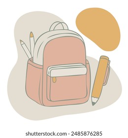 School backpack with pencil isolated on white background. Vector illustration.