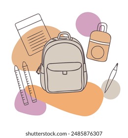 School backpack with a pencil, locker lock and notepad on a white background. Vector illustration.