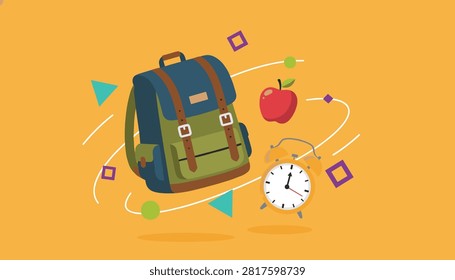 School backpack positioned next to a red apple and an alarm clock on an orange background representing educational preparation.