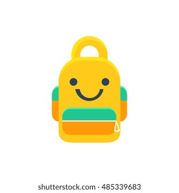 School Backpack Primitive Icon With Smiley Face. Office Or School Desk Supply Sticker In Simplified Childish Cartoon Vector Design Isolated On White Background