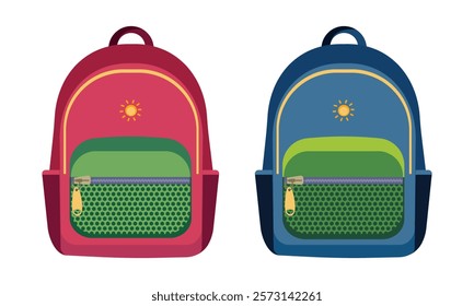 School backpack in red and blue colour Kids briefcase, school bag for supplies. Back to school, education, vector illustration, flat style, isolated