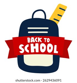School backpack with red ribbon. Inscription - Back to school. Flat vector illustration.