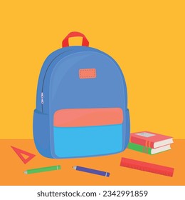 School backpack or schoolbag with stationary, textbooks, vector illustration