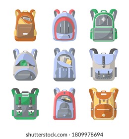 School backpack set. Isolated cartoon school rucksack back bag icon. Kid backpack knapsack collection. Education vector illustration