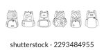 School backpack set.Back to school, black and white rucksacks collection for students or firts grader children, coloring pages. Vector illustration in line on white background. 