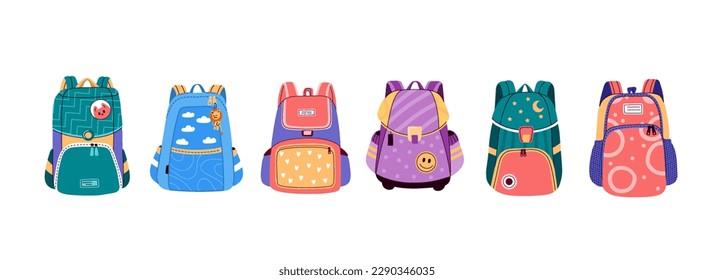 School backpack set.Back to school, colorful cartoon rucksacks collection for students or first grader children. Vector illustration in flat style on white background.