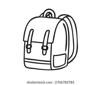 Mochila escolar, icono simple, línea de arte doodle, contorno de contorno, monocromo, dibujado a mano. Ilustración vectorial.