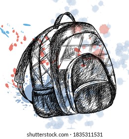 School backpack in sketch style. Subject for school, training. On a background with blotches and splashes of paint. The design for the school of education. Vector illustration