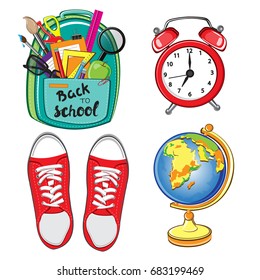 School backpack, sneakers, alarm clock, globe, notebook, ruler, glasses, paper clips on white background. School stationery