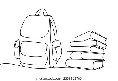 Mochila escolar y un montón de libros de texto. Símbolo de aprendizaje y educación. Un dibujo de línea para diferentes usos. Ilustración vectorial.