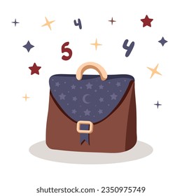 mochila escolar con estrellas. De vuelta al concepto escolar. Ilustración vectorial en estilo plano de caricatura. Color azul-marrón