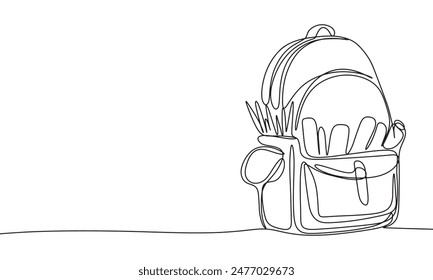 School backpack with stationary one line continuous. Line art backpack. Hand drawn vector art.