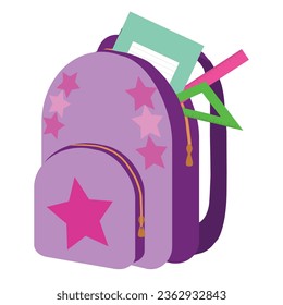 Schulrucksack mit Schreibwaren. Zurück zum Schulkonzept. Vektorgrafik einzeln auf weißem Hintergrund.