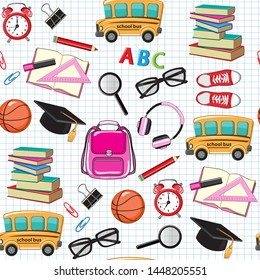 School backpack with school stationery, books, pencils, sneakers, alarm clock and other school items seamless pattern on a white background