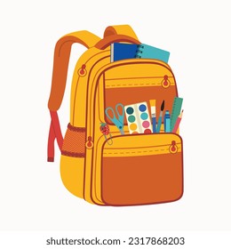 School backpack with stationery for children. Colorful rucksack with pockets, zippers and straps. Hand drawn vector illustration isolated on white background, flat cartoon style.
