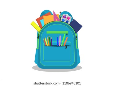 School backpack with stationery on white background.  Back to school. Vector illustration