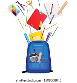 School backpack stationery realistic composition with colourful images of goods flying out of college bag vector illustration