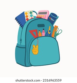 School backpack with stationery for schoolchildren. Bag with calculator, paints, markers, scissors, book, pencil case. Hand drawn vector illustration isolated on white background, flat cartoon style.