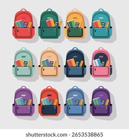 School Backpack and Stationery Set in Colorful Flat Illustration