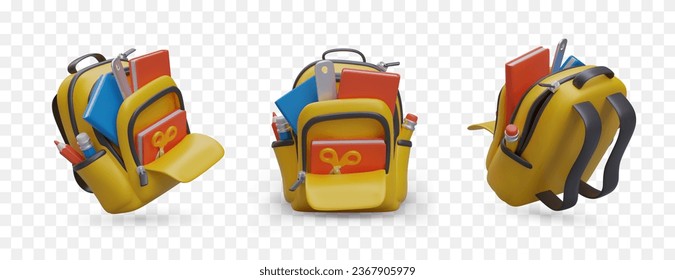 School backpack with stationery. Set of vector icons. Back to school. Student yellow shoulder bag. Isolated color illustrations. Educational color item