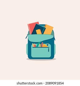 School backpack with stationery, textbooks, pen,pencil,ruler. Backpack with school supplies icon on isolated white background.Colored vector illustration cartoon flat  style.
