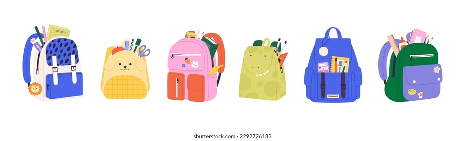 School backpack with study equipment. Kindergarten children bag, isolated cartoon backpacks stationery and book. Backpacking racy vector clipart