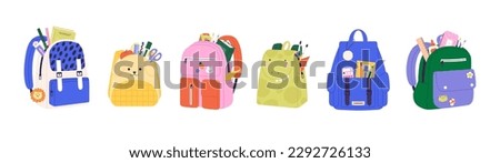 School backpack with study equipment. Kindergarten children bag, isolated cartoon backpacks stationery and book. Backpacking racy vector clipart
