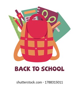 School backpack with supplies. Back to school vector illustration. Set of notebooks, compasses, ruler and pencil, scissors and calculator