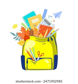 Mochila escolar con suministros para el aprendizaje y la creatividad y las hojas de otoño Vector ilustración aislada. Concepto de regreso a la escuela. Mochila escolar para niños con equipo educativo. Kit para la educación