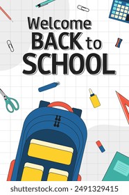 School backpack and supplies on the background of a checkered notebook sheet. Welcome back to school banner, poster, flyer.