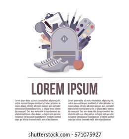 School backpack with school supplies: pen, brush, apple, paint, shoes, magnifier. Vector illustration.