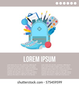 School backpack with school supplies: pen, brush, apple, paint, shoes, magnifier. Vector illustration.