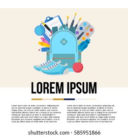 School backpack with school supplies: pen, brush, apple, paint, shoes, magnifier. Vector illustration.
