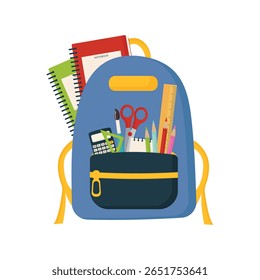 School Backpack with Supplies Vector Illustration isolated on white background.