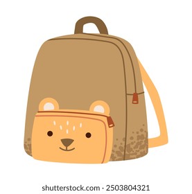 School backpack with teddy bear face isolated on white background. Cute schoolbag for kids. Flat vector illustration.