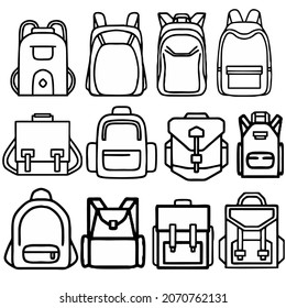 School, backpack, travel, sport bag icons set. Vector illustration icon thin line style isolated